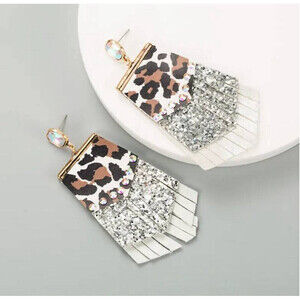 Leopard Print Multi-layer Leather Sequined EarringsIn Silver